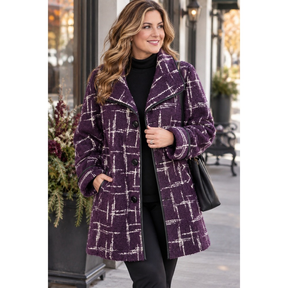 Coldwater Creek Purple Plaid Boucle Coat XL Funnel Neck Button Front Textured